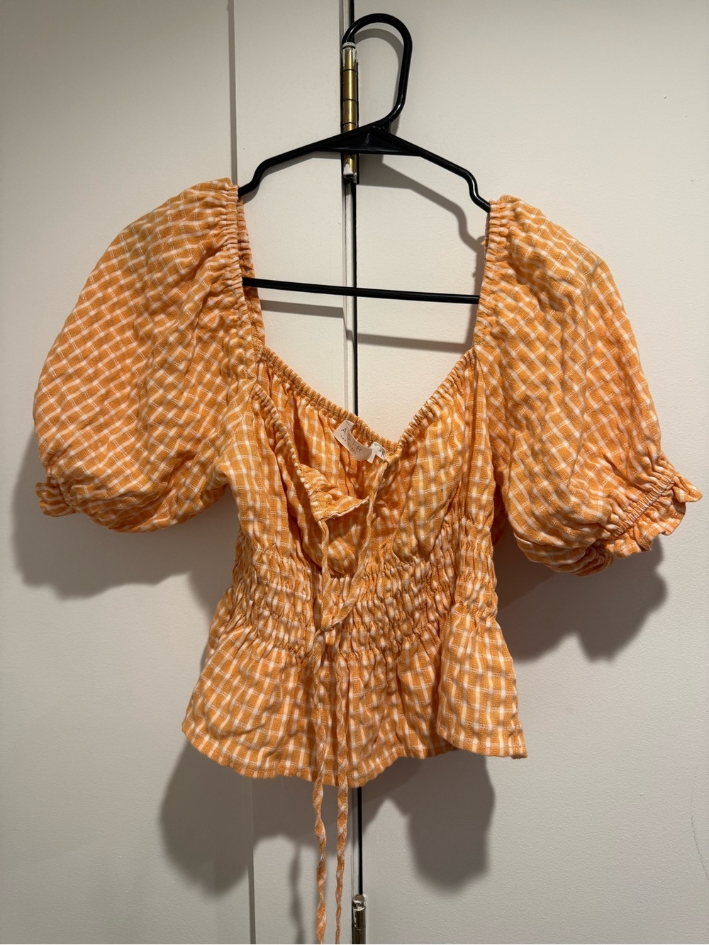 Astr Orange Gingham Puff-Sleeve Smocked Crop Top